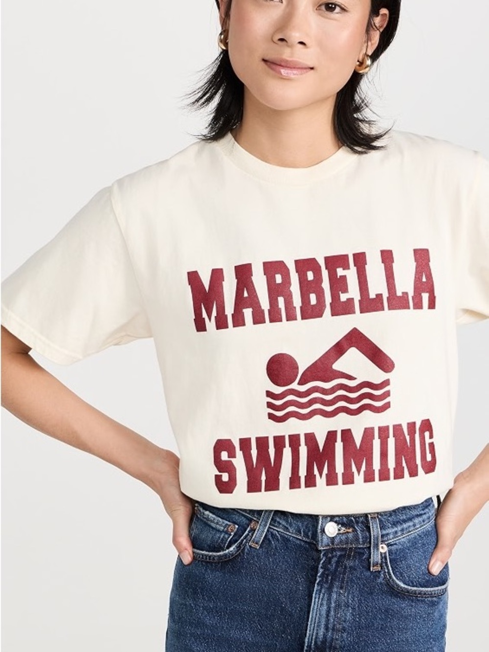 Marbella Swimming Graphic Tee - Cream with Maroon Print